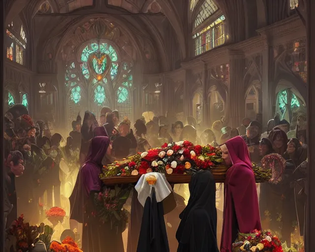 Image similar to a funeral with coffin, flowers and mourners inside a supermarket, photography of kurzgesagt, deep focus, d & d, fantasy, intricate, elegant, highly detailed, digital painting, artstation, concept art, matte, sharp focus, illustration, hearthstone, art by artgerm and greg rutkowski and alphonse mucha