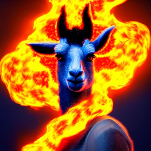 Image similar to picture of an humanoid llama wizard, made of flames and surrounded by flames, hyperrealistic, highly detailed, 1 6 k, high quality, diffuse light, intricate, digital painting, trending in artstation, smooth marble surfaces, volumetric light, cinematic