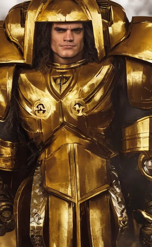 Prompt: angry Henry Cavill as warhammer 40k God-Emperor of Mankind dressed in his glowing golden power armor. full-length portrait, beautiful face, long hair, painted by Donato Giancarlo, intricate fine armor rune details, cinematic, highly detailed, octane render