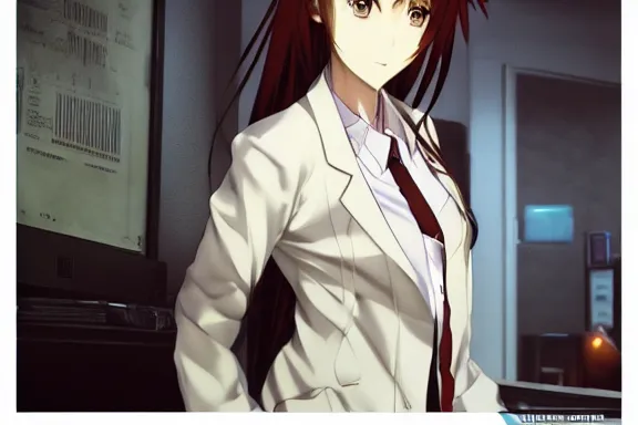 Image similar to a hyperrealistic render of Makise Kurisu from Steins;Gate, white shirt and brown jacket, Nitroplus visual novel 2009 screenshot, by Artgerm,Greg Rutkowski,Alphonse Mucha, Beautiful dynamic lighting,shadows,cinematic atmosphere,Artstation,concept design art,Octane render,8K