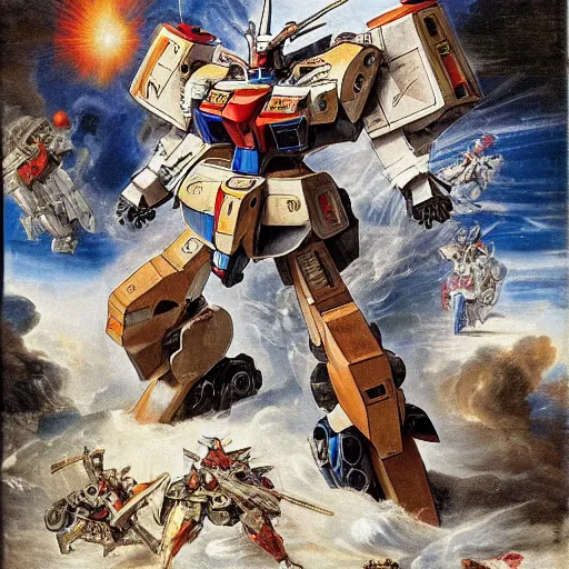 Prompt: peter paul rubens as consequences of wars with mecha gundam invited, random content position, delete duplicate content, photorealistic details content, incrinate, masterpiece, ultra detailed human structures.