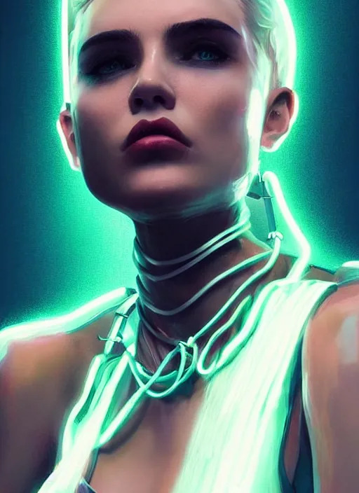 Prompt: a sensual american female humanoid, cyber neon lighting, futurism, intricate futuristic jewelry, cyberpunk high fashion, glamor profile pose, hyper photorealistic, crispy quality, digital photography, trending in artstation, trending in pinterest, cinematic, 4 k ultra hd, art by pascal blanche, art by greg rutkowski,