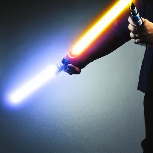 Prompt: a man holding a real life lightsaber in a dark room, 4k, high detail, high-resolution photograph, professional photography, ultra-detail