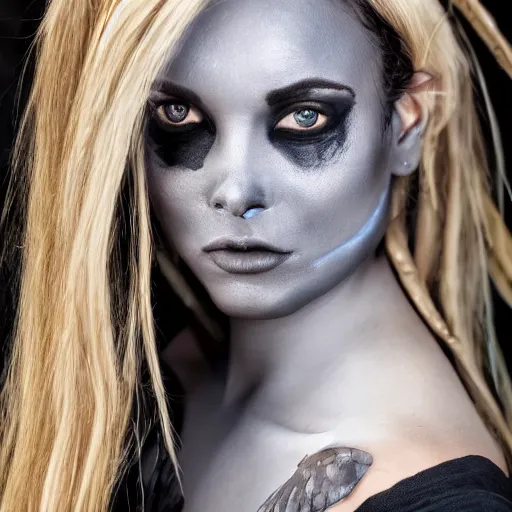 Prompt: a beautiful female pirate with dark grey iridescent skin