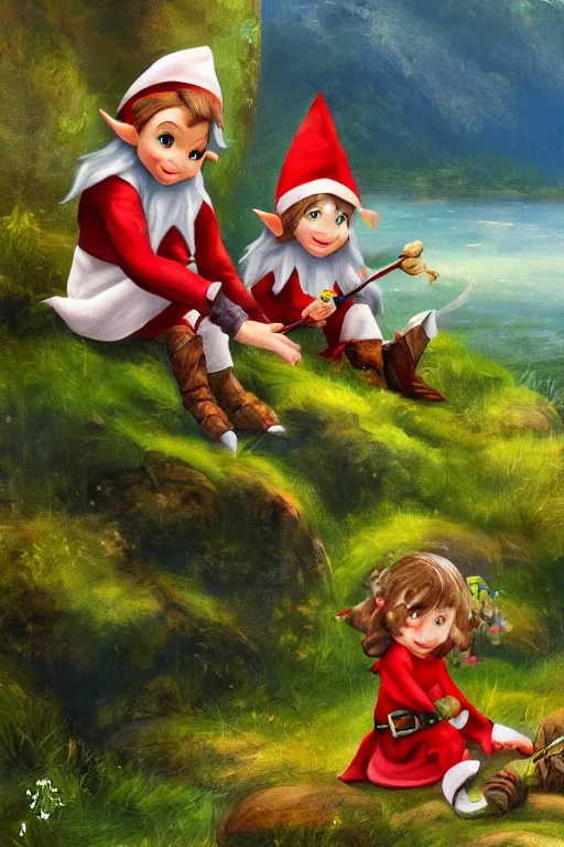 Image similar to a splash painting of a cute elf and dwarf sitting on the edge of a hill, beautiful nature, beautiful landscape