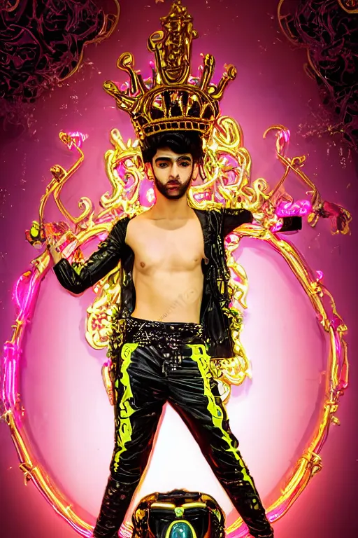 Prompt: full-body rococo and cyberpunk style neon statue of a young attractive Zayn Malik macho dotado e rico android sim roupa reclining con las piernas abertas e la piroca dura, glowing white lasers, glowing eyes, golden prince crown, black steampunk gears, pink diamonds, swirling mint-colored silk fabric. futuristic elements. black dripping tar. full-length view. space robots. human skulls. intricate artwork by caravaggio. Trending on artstation, octane render, cinematic lighting from the right, hyper realism, octane render, 8k, depth of field, 3D