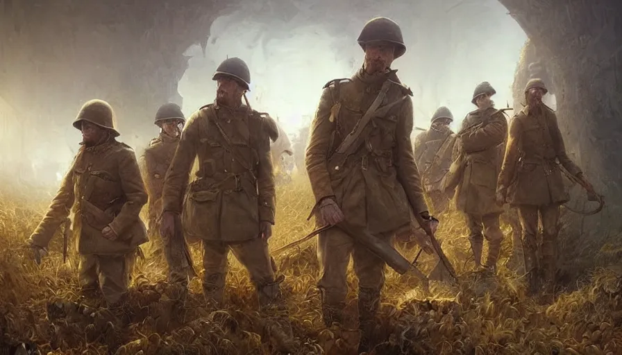 Prompt: beautiful digital painting of a group of barley surviving soldiers in a trench waiting for the war to end. cinematic lighting and rendering, atmospheric, concept art by artgerm and greg rutkowski,,