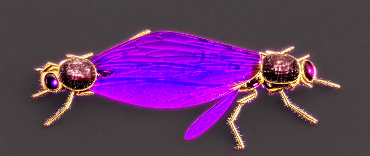 Prompt: high quality photo glowy iridescent giant fly! jeweled very beautiful! highly detailed digital art david ligare elson peter cinematic purple neon lighting high quality low angle hd 8k sharp shallow depth of field