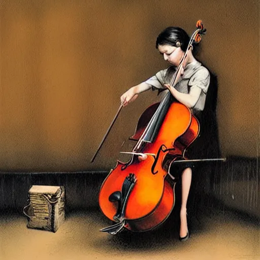 Image similar to cello violin concert art by banksy and alan lee