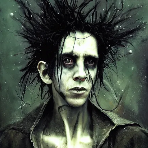 Prompt: stunning portrait of gaunt nik cave a ( the cure fan ) as dream from sandman, dim stars as eyes, by jeremy mann, by cedric peyravernay, by by russ mills, by richard avedon and ben templesmith, dramatic lightning, sadness, dark eye sockets, in the shadows, punk rock, gothic, high detailed, 8 k