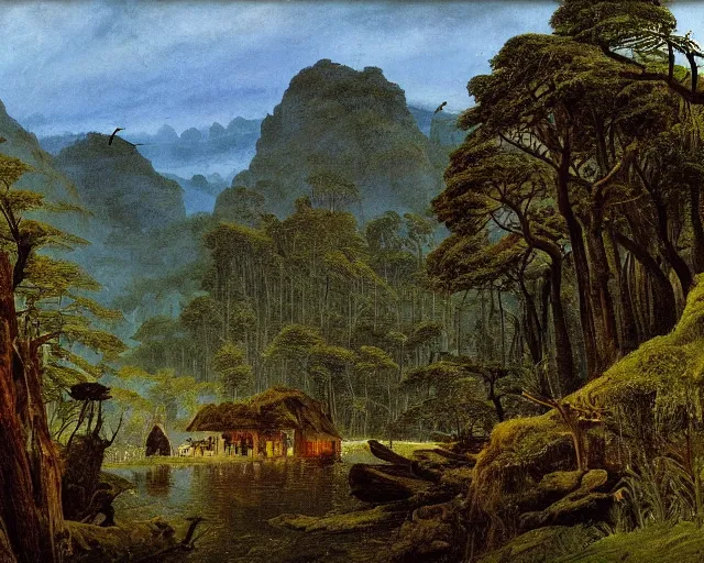 Prompt: nature and wildlife scene in brasil, mountains, village, forest, river, synthwave colors, painted by Caspar David Friedrich