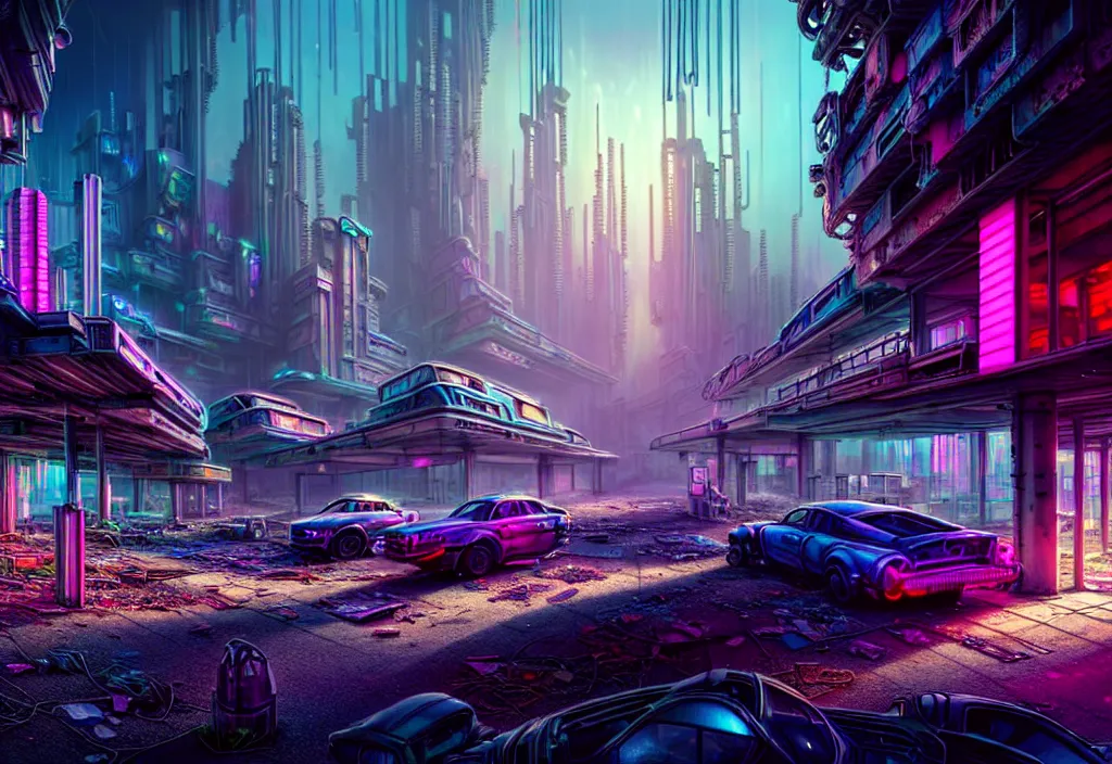 Image similar to A highly detailed crisp unreal engine render of wide view photo of A beautiful futuristic cyberpunk abandoned dystopia city building with neon bright lights, plants allover , godray, sunlight breaking through clouds, clouds, debris on the ground, abandoned machines bright happy colors, chaotic , nitid horizon, factory by wangchen-cg, 王琛,Neil blevins, artstation, Gediminas Pranckevicius