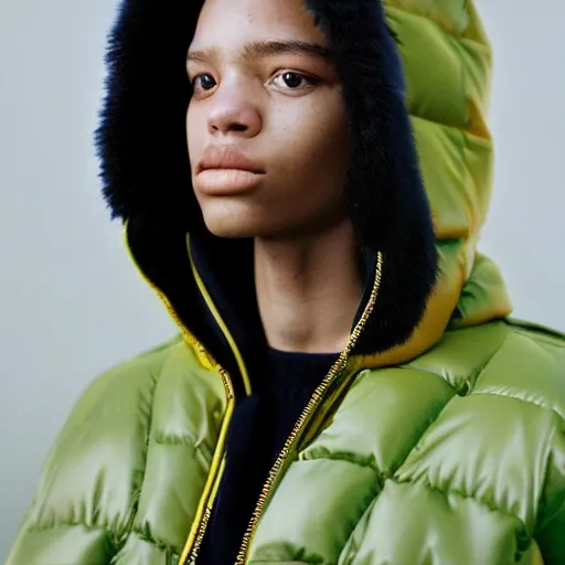 Image similar to realistic! photoshoot for a new balenciaga lookbook, color film photography, portrait of a beautiful woman wearing a puffer jacket, photo in style of tyler mitchell, 35mm