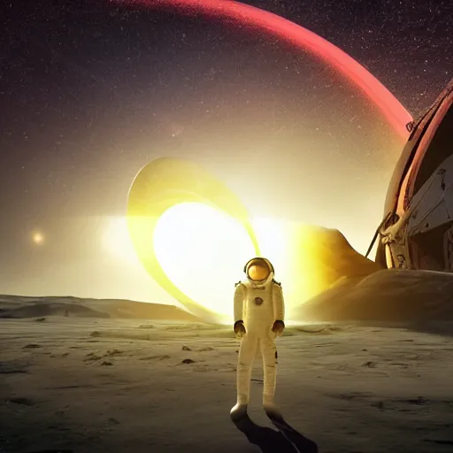 Image similar to astronaut standing in front of an eerie alien cathedral on a dystopian planet with a vortex made of obsidian floating in the red sky above, realistic