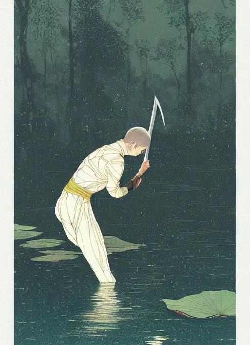 Image similar to third lotus prince committed suicide by drawing his sword by the riverby ilya kuvshinov and victo ngai