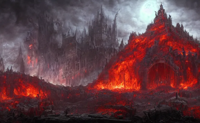 Prompt: a detailed matte painting of the most surreal haunting depiction of hell, in the style of doom eternal, dantes inferno, dark souls, trending on artstation, highly detailed, digital painting, concept art, unreal engine, 4 k wallpaper