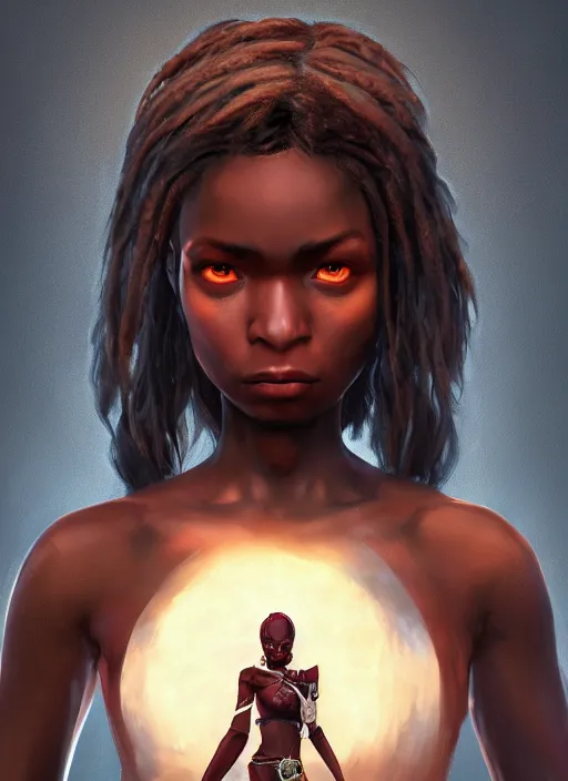 Image similar to An epic fantasy comic book style portrait painting of a short dark skinned girl thief with spidery hair and kind eyes, unreal 5, DAZ, hyperrealistic, octane render, cosplay, RPG portrait, dynamic lighting