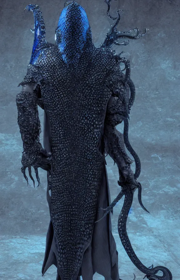 Image similar to detailed hypperrealistic artstation render, full body front view of a scaly black cloaked man, wearing a metallic blue squid mask. he holds in his hand a large knights blue greatsword, in addition tentacles emerge from his back like wings