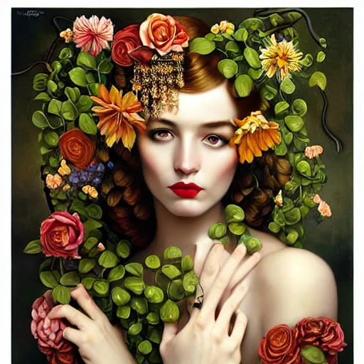 Image similar to dynamic composition, a painting of woman with hair of ( summer flowers )!! and vines wearing ornate earrings, ornate gilded details, a surrealist painting by tom bagshaw and jacek yerga and tamara de lempicka and jesse king, featured on cgsociety, pop surrealism, surrealist, dramatic lighting, wiccan, pre - raphaelite