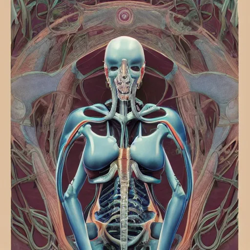 Image similar to ghost in the shell, highly detailed labeled medical anatomy poster, anatomical drawing on poster paper with notes, extra beautiful colorful full page antique lithograph of artnouveau borders and designs, muted colors, parchment paper, art print, well - lit, ray tracing, horror, eldritch abomination, hyper realistic, 8 k post - processing