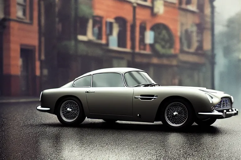 Prompt: a wholesome animation key shot of one focused aston martin db 5, parked on a side of a wet london street, raining, medium range, studio ghibli, pixar and disney animation, sharp, very detailed, octane render, 4 k, high resolution, anime key art by greg rutkowski, dull diffused side lighting