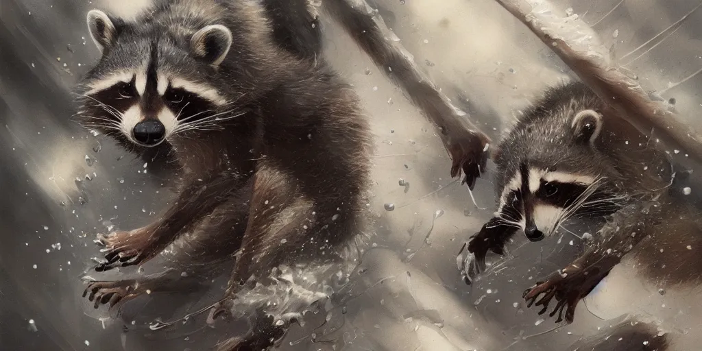 Image similar to highly detailed beautiful photography of raccoon, splash, sharp focus, dramatic, dynamic lighting, elegant, harmony, beauty, masterpiece, by riccardo federici, by james jean, by craig mullins, by durero, by lois van baarle, by makoto shinkai, by greg tocchini, by greg rutkowski, illustration, ink draw, pen, spatula