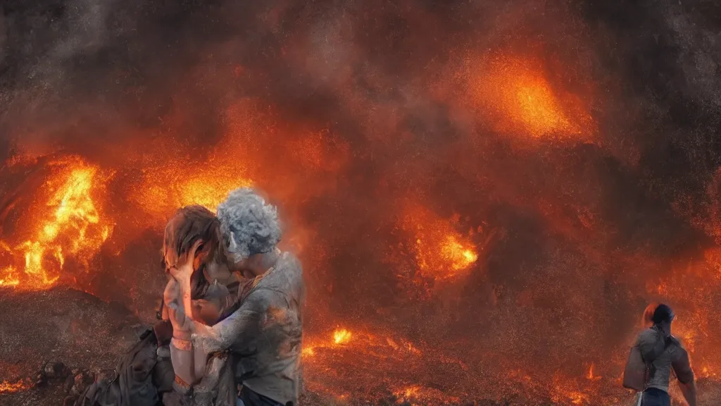 Prompt: a man and a woman hugging during the eruption of pompeii, behance, 8k featured in artstation, cinematic,, sharp focus, very detailed, volumentric lighting