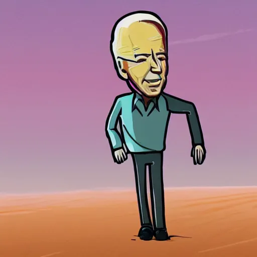 Prompt: drawing of Joe Biden , dressed in an alien costume , walking in the desert , in the style of Simon Stalenhag