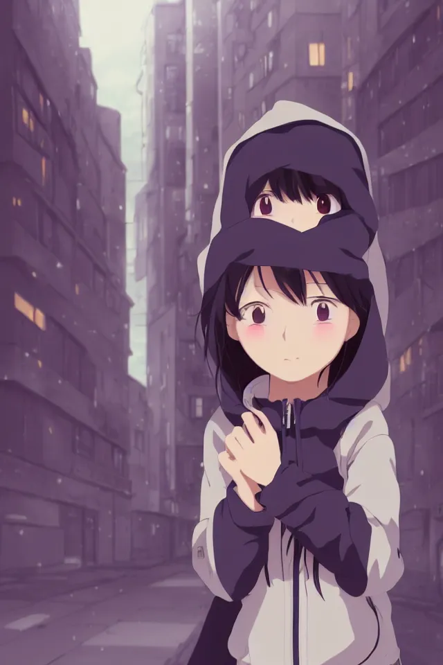 Prompt: anime visual, portrait of a young black haired girl wearing hoodie on the city street background, one person, cute face by yoh yoshinari, katsura masakazu, studio lighting, half body shot, strong silhouette, anime cels, ilya kuvshinov, cel shaded, crisp and sharp, rounded eyes