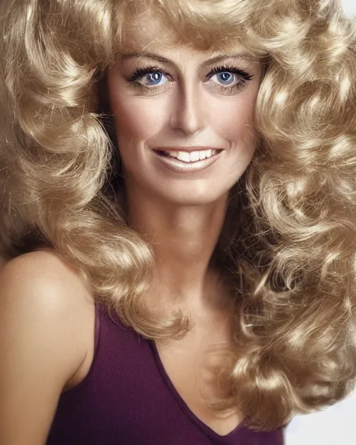 Image similar to 2 8 mm closeup portrait of a beautiful young farrah fawcett with long blonde wind blown hair in a photo studio, rim lighting, glamour pose!!!, hyper realistic, soft lighting, art frahm, pinup, hd, octane, arney freytag!!!, 1 9 4 5