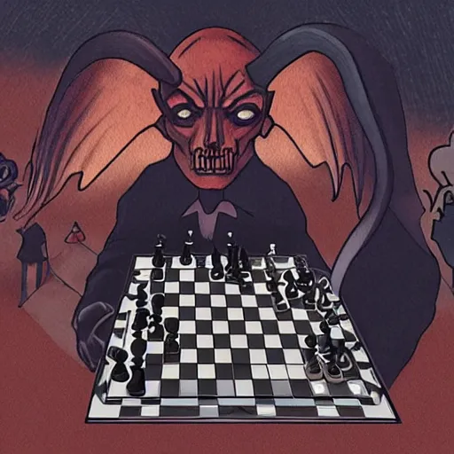 Prompt: Photo of a demon playing chess with human souls
