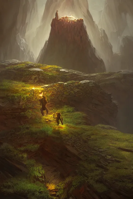 Prompt: cliff of the mire, art by paul wenzel and matt fox and j. p. targete, trending on artstation, dramatic lighting low angle view sacred geometry, oil and canvas, epic fantasy, strong colors, line drawing