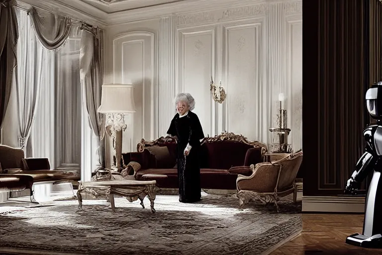 Prompt: VFX movie portrait of old woman applauding sleek butler robot in a decadent living room by Emmanuel Lubezki