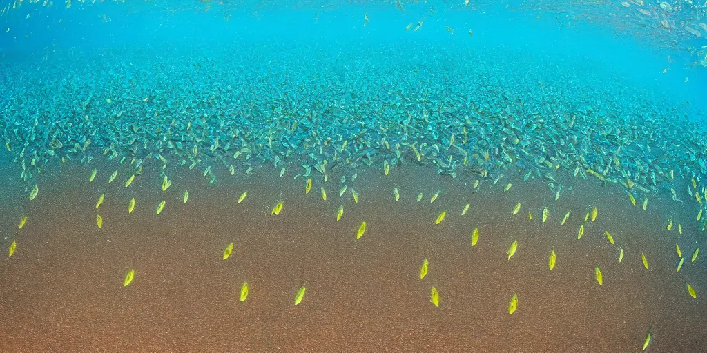 Prompt: Underwater photograph of a school of minnows swimming in sandy shallows. 8k high resolution.