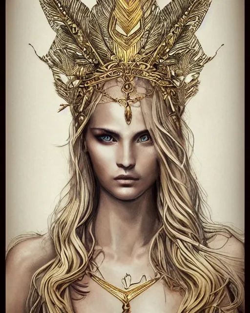 Image similar to tattoo design sketch of hot blonde super model as aphrodite greek goddess wearing a gold laurel wreath and triangle earrings, beautiful piercing gaze with sharp pupils, in the style of greg rutkowski, fantasy, amazing detail, epic, elegant, smooth, sharp focus, front view
