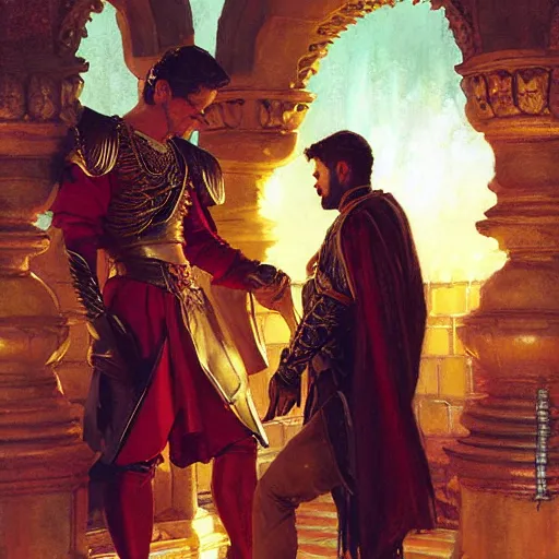 Image similar to attractive fully clothed king confesses his love for his attractive fully clothed male prince. highly detailed painting by craig mullins, gaston bussiere, mark brooks, j. c. leyendecker