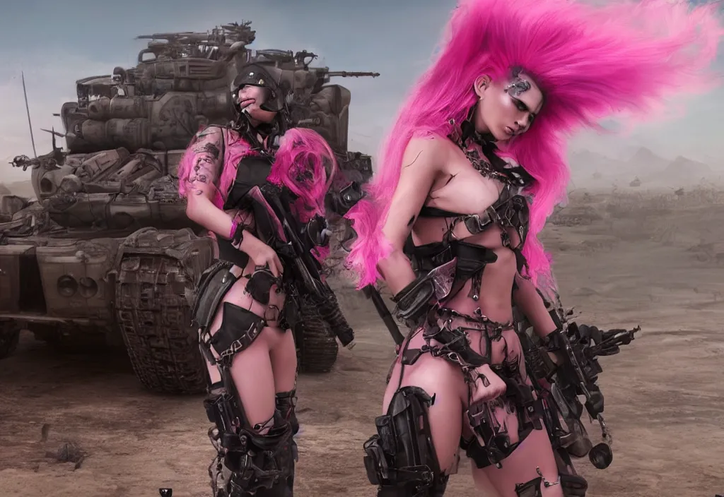 Image similar to beautiful apocalyptic woman with pink Mohawk, posing on mad max panzer tank, 4k ultra hd, fantasy dark art, artstation, octane render