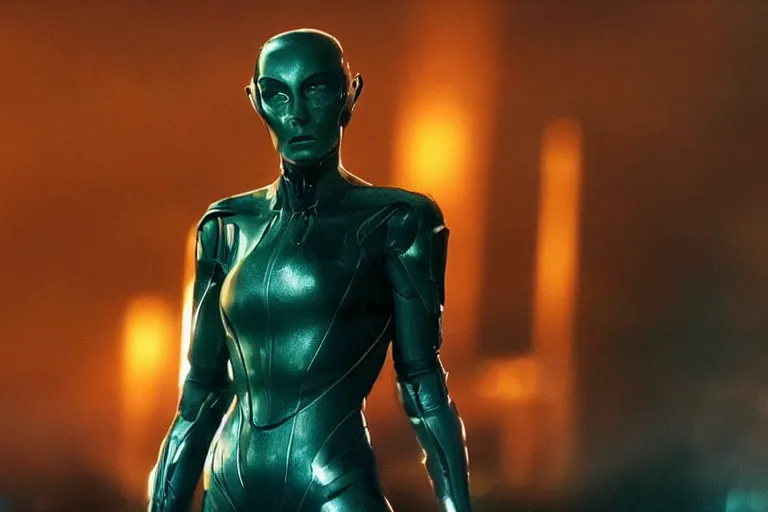 Prompt: VFX movie of a futuristic inhuman alien hero woman in spandex armor in future city, hero pose, beautiful skin, night lighting by Emmanuel Lubezki