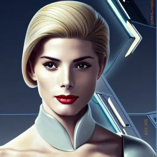 Image similar to A combination of Grace Kelly's and Ada Wong's and Ashley Greene's appearances with blonde hair wearing Forerunner armor from Halo, high tech, action shot, angular, full body portrait, futuristic, dramatic, fantasy, intricate, elegant, highly detailed, artstation, matte, sharp focus, 8K, art by Artgerm and Greg Rutkowski and Alphonse Mucha