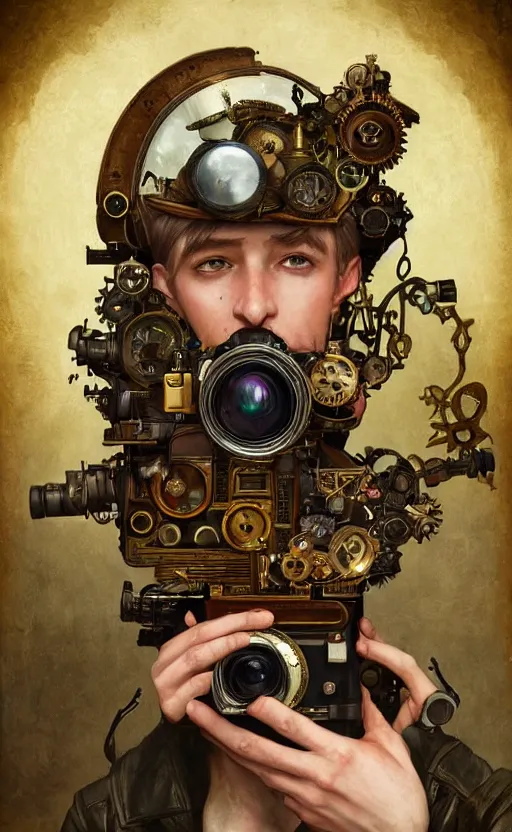 Image similar to hyper realistic male photographer looking through a vintage steampunk medium format camera, design on white background, beautiful details, lush foliage cyberpunk, gold, drawn by john singer sargent, tom bagshaw, norman rockwell, alphonso mucha, lolish, trending on artstation