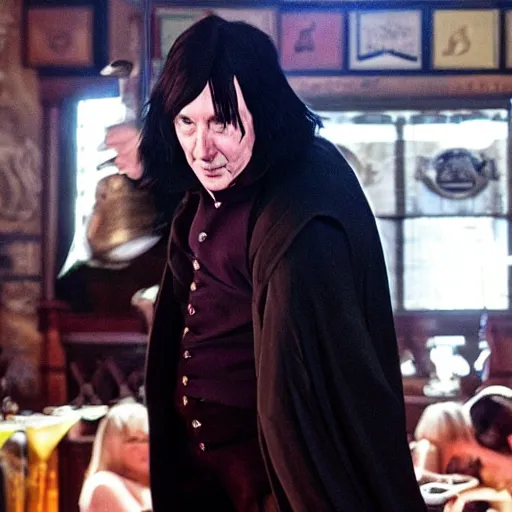 Prompt: Severus Snape dances in a pub, realistic, full body, very detailed, super realistic