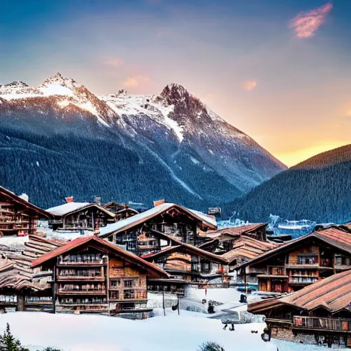 Prompt: beautiful picture of an alpine village against the backdrop of mountains