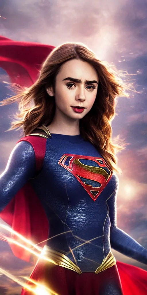 Prompt: a potrait of Lily Collins as Supergirl with man of steel suit style and full armour by Zack Snyder, 8k photorealistic, cinematic lighting, HD, high details, dramatic, trending on artstation, view from above