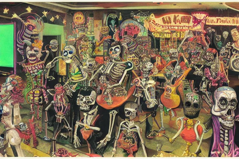 Image similar to scene from amusement arcade, day of the dead, cyber skeletons, queen in black silk in the center, neon painting by otto dix