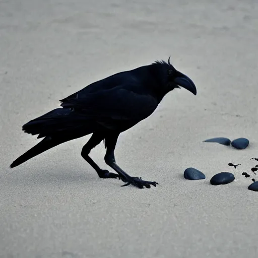 Prompt: a crow searching for a nut that is hidden within some pebbles on a beach