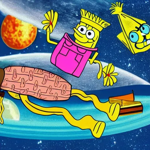 Image similar to spongebob lounging in a tropical resort in space, nasa footage