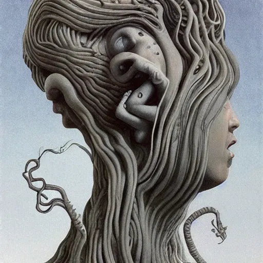 Image similar to very sad medusa, crying, tubular creature, blood vesels, no face, dystopian surrealism, art style botticelli alex ries giger zdzisław beksinski, symmetry accurate features, snake hair, stone marble, very intricate details, high resolution, high quality