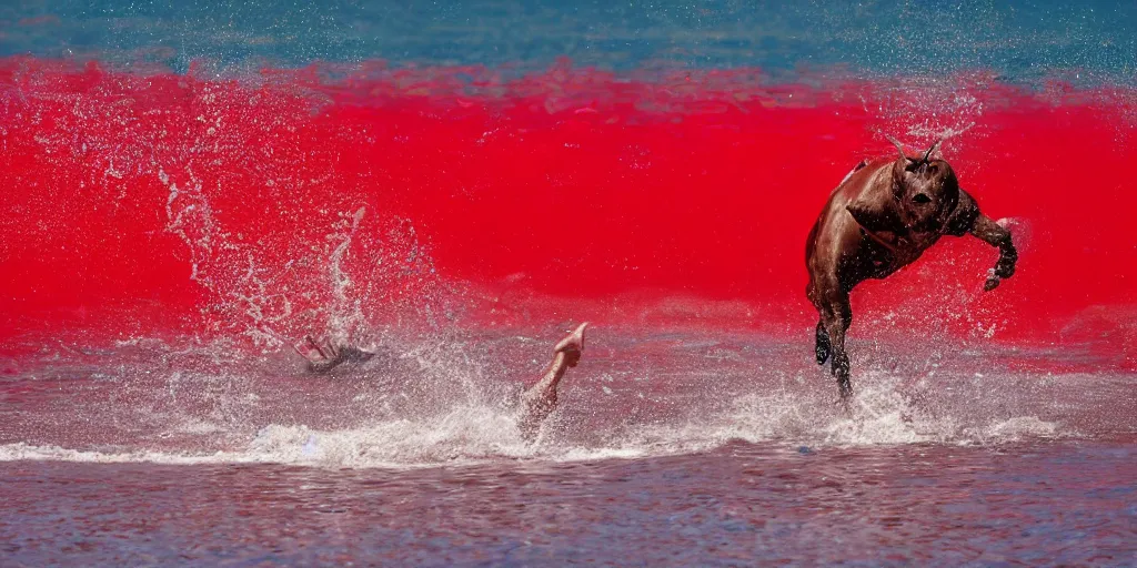 Prompt: a bullfighter swimming in a red ocean