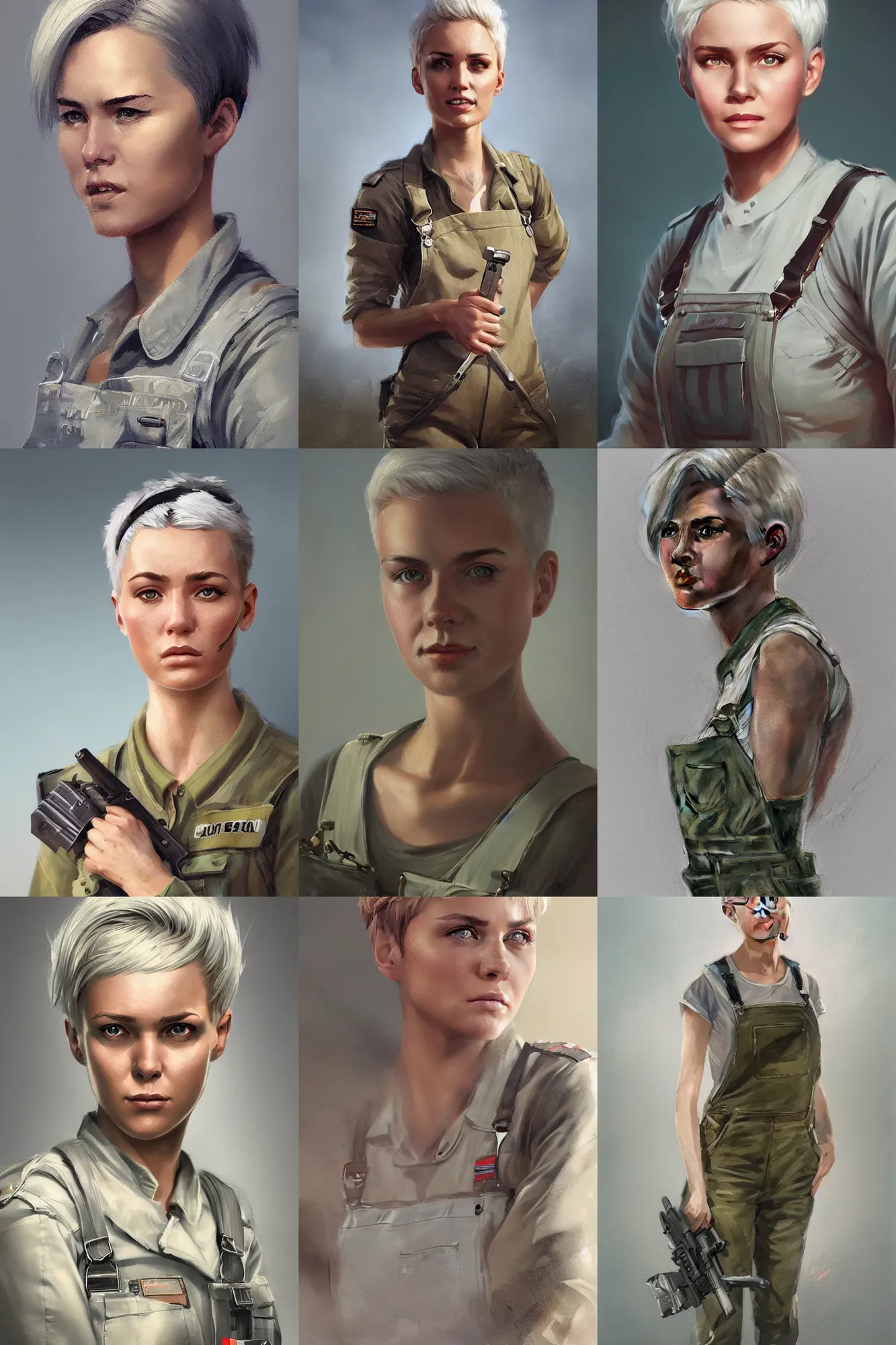 Prompt: portrait of a military engineer woman with short white hair, wearing overalls, medium shot, portrait, concept art, natural lighting, illustration, full color, highly detailed, photorealistic, by greg rutkowski, artstation,