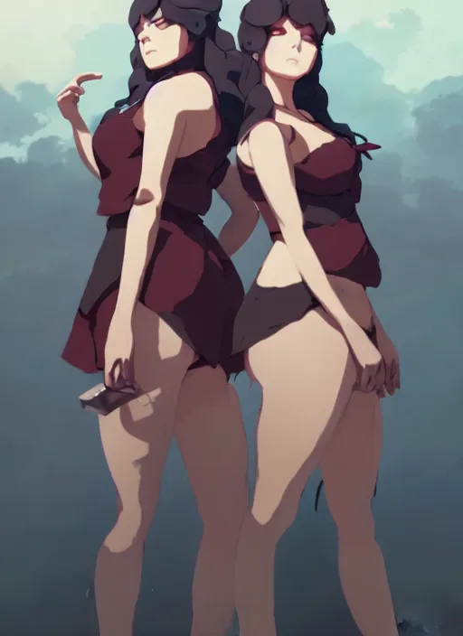 Prompt: two volupous woman standing back to back in villa, illustration concept art anime key visual trending pixiv fanbox by wlop and greg rutkowski and makoto shinkai and studio ghibli
